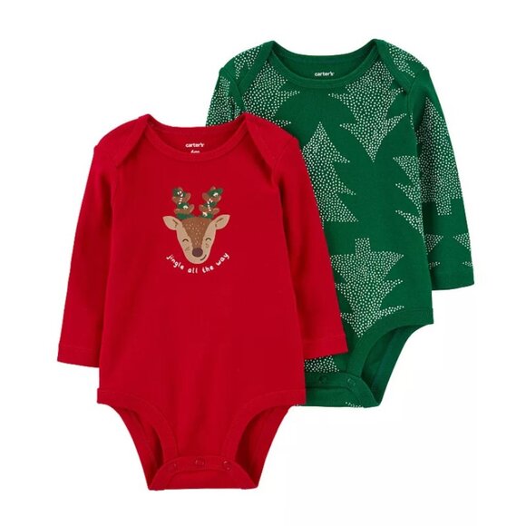 Carter's Baby Christmas 2 Pc Bodysuits Red Reindeer Green Tree Longsleeve NWT - Picture 1 of 4